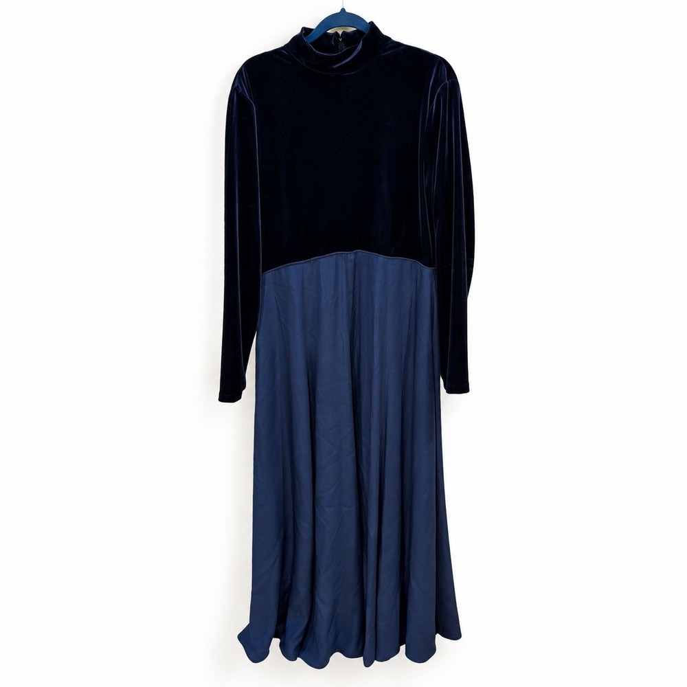 Isabella Bird Maxi Dress Navy Silk Skirt Velvet Mock Neck Dark Romantic Goth 14